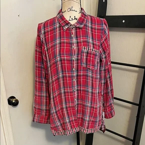 Aratta Silent Journey Red Plaid Floral Design Button-Up Mixed Media Shirt Boho - Picture 2 of 9